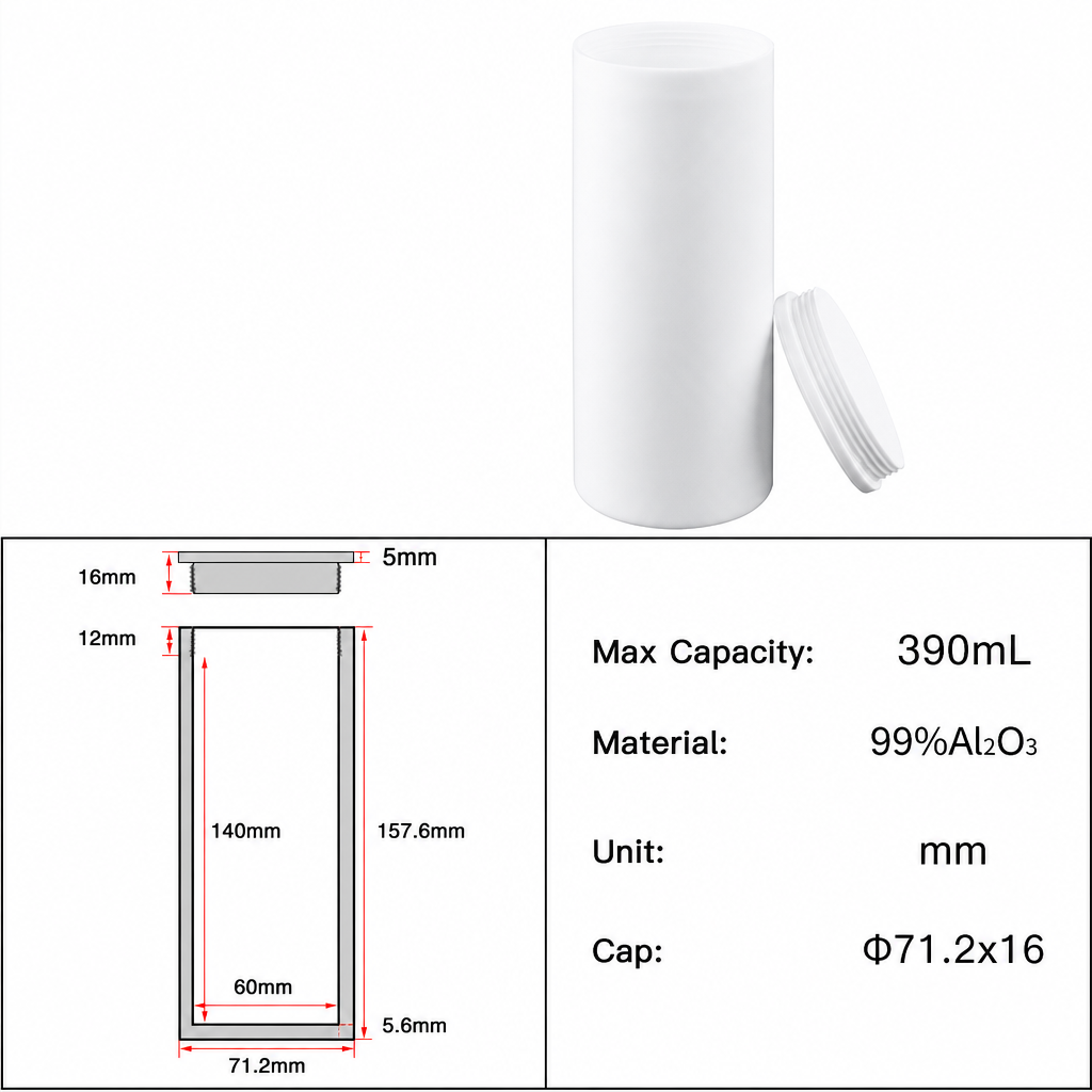 (MQACR605) Threaded Alumina Crucible with Lid, Ø71.2 × 157.6 mm, 390 mL