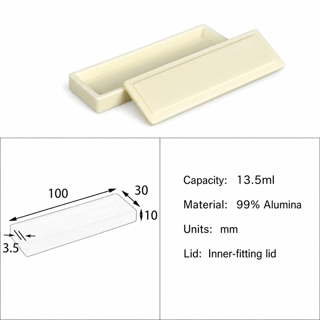 (MQABO100) Rectangular Alumina Boat with Lid, 100 × 30 × 10 mm, 13.5 mL