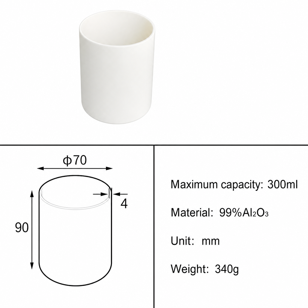 (MQACR406) Cylindrical Alumina Crucible, Ø70 × 90 mm, 300 mL