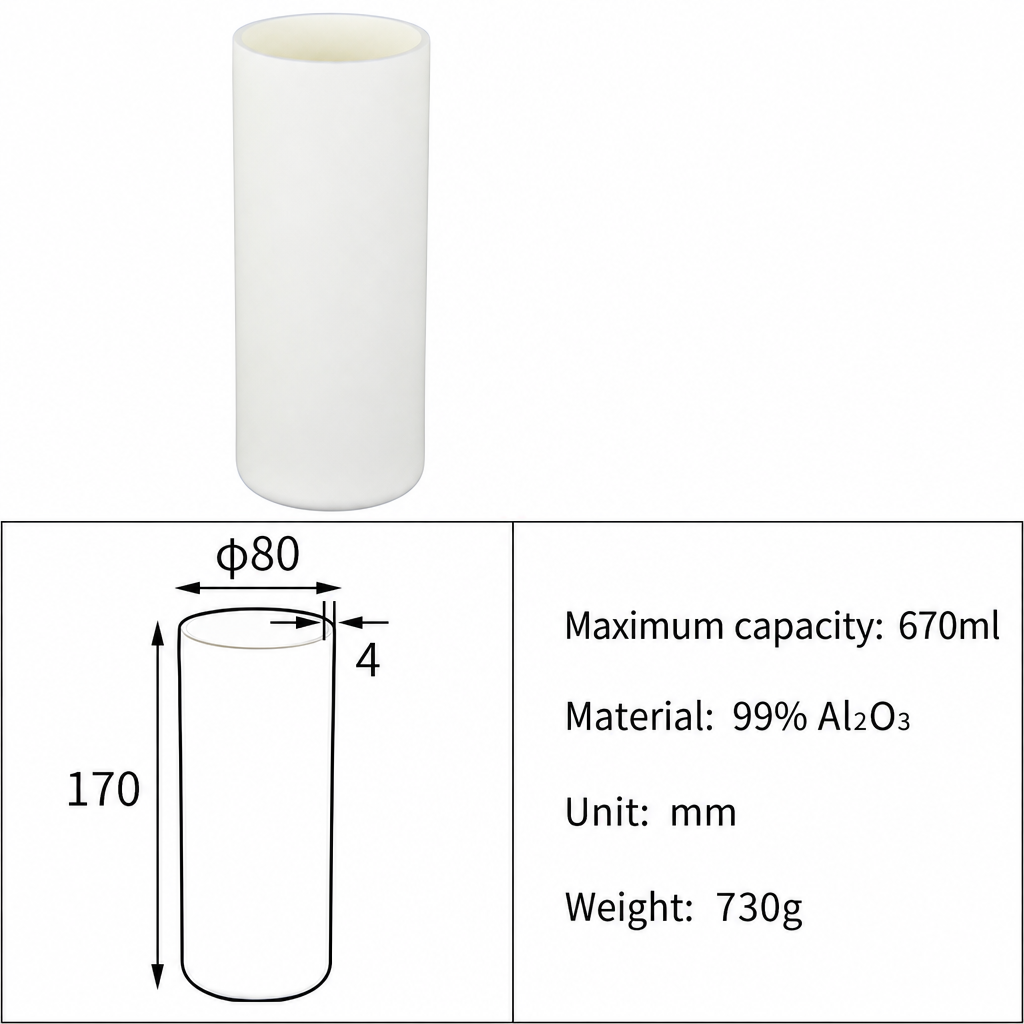 (MQACR437) Cylindrical Alumina Crucible, Ø80 × 170 mm, 670 mL