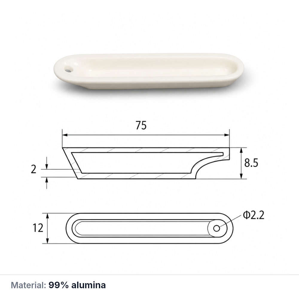 (MQABO001) Alumina Boat, 75 × 12 × 8.5 mm, 2 mL