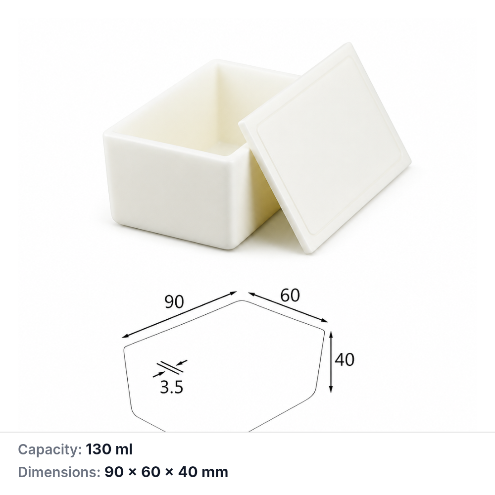 (MQABO012) Rectangular Alumina Boat with Lid, 90 × 60 × 40 mm, 130 mL