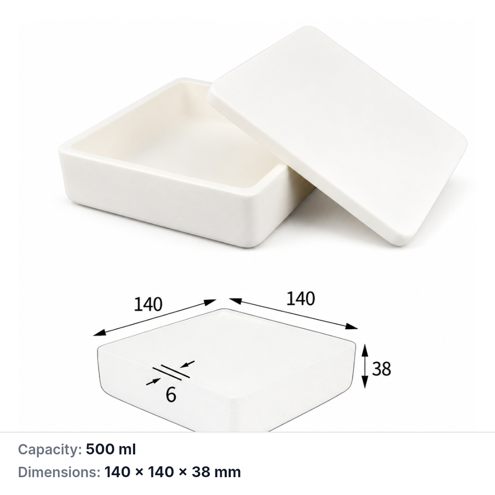 (MQABO014) Square Alumina Boat with Lid, 140 × 140 × 38 mm, 500 mL