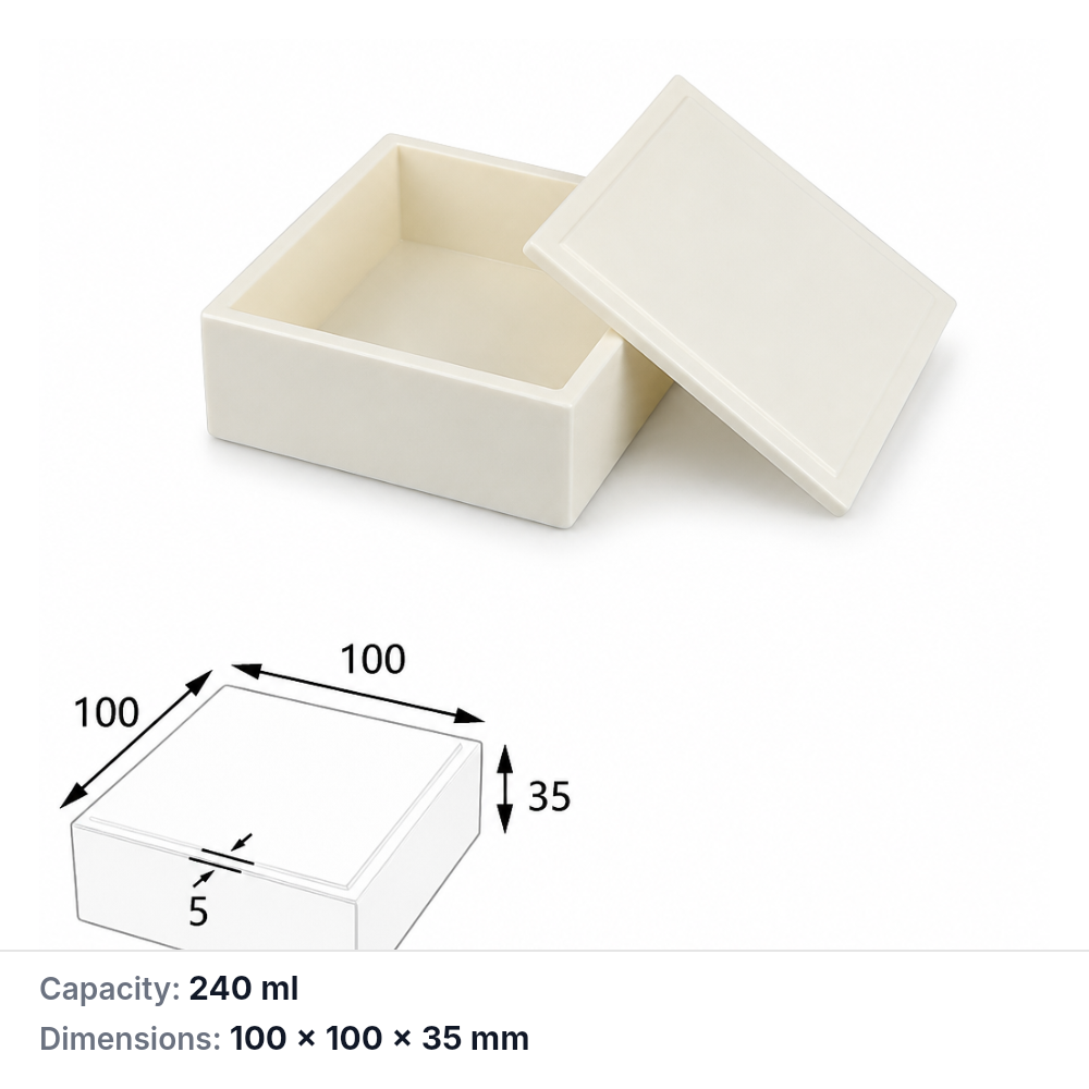 (MQABO016) Square Alumina Boat with Lid, 100 × 100 × 35 mm, 240 mL
