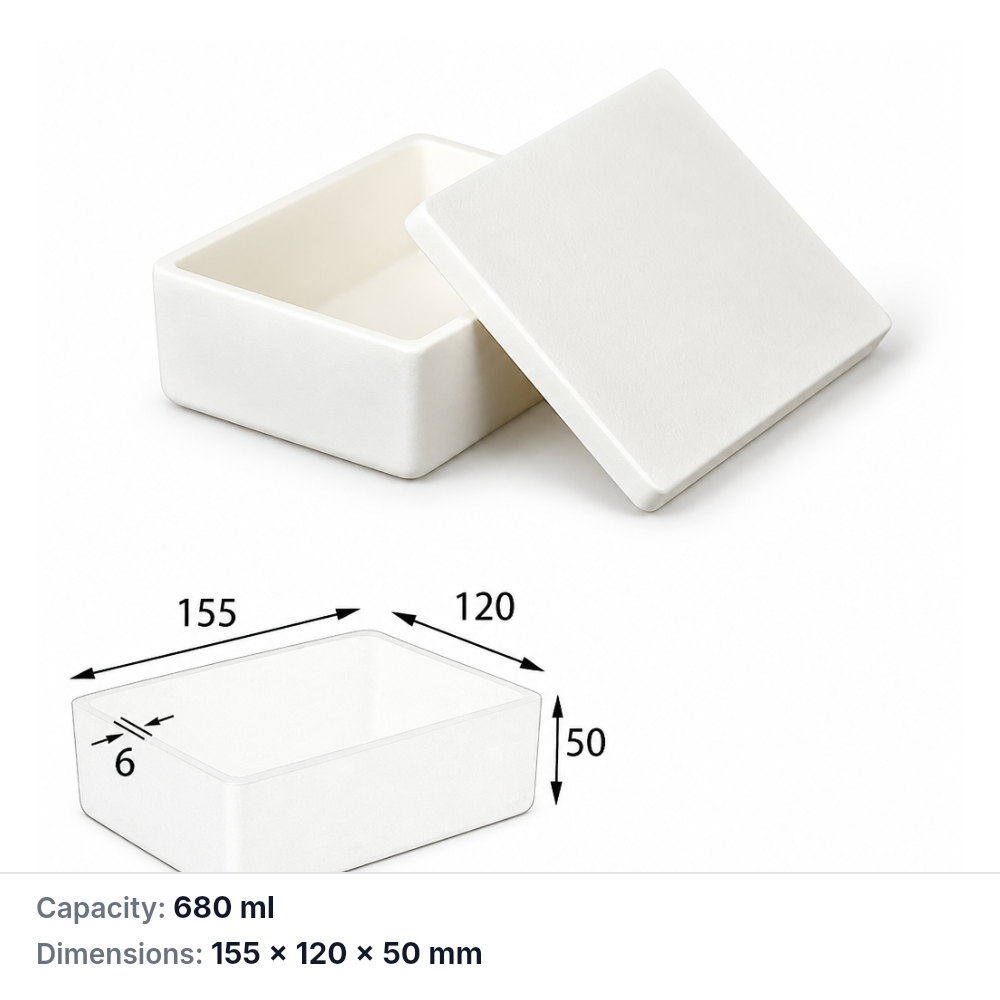 (MQABO018) Rectangular Alumina Boat with Lid, 155 × 120 × 50 mm, 680 mL