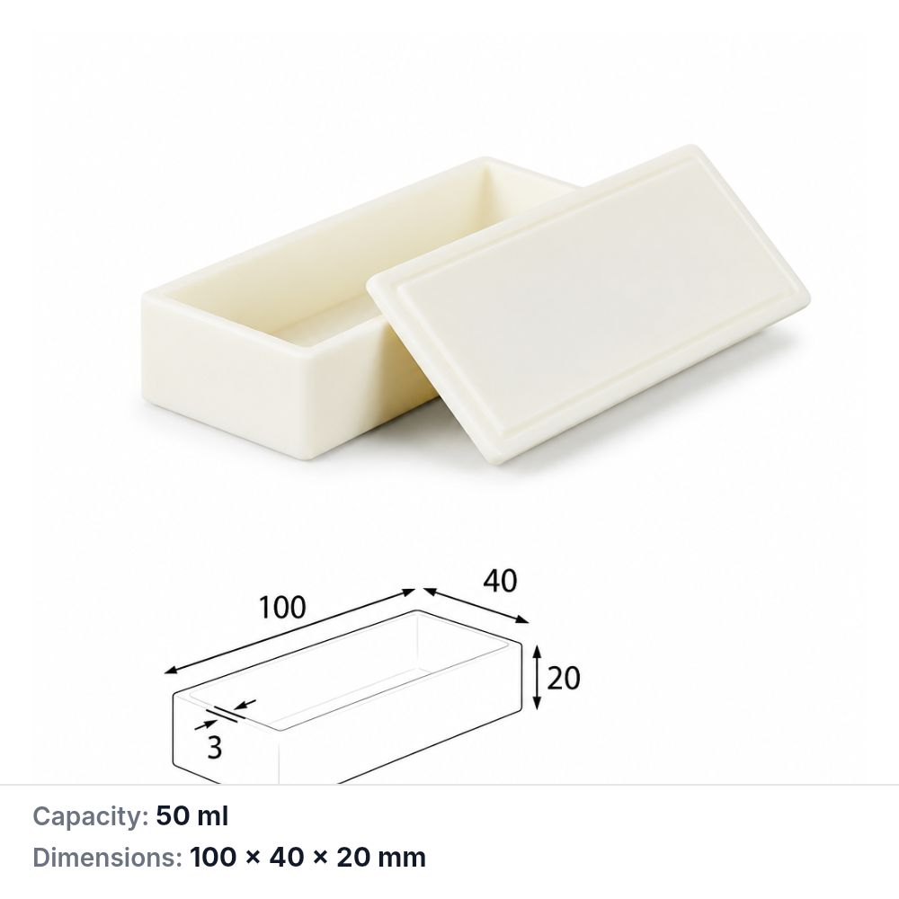 (MQABO020) Rectangular Alumina Boat with Lid, 100 × 40 × 20 mm, 50 mL