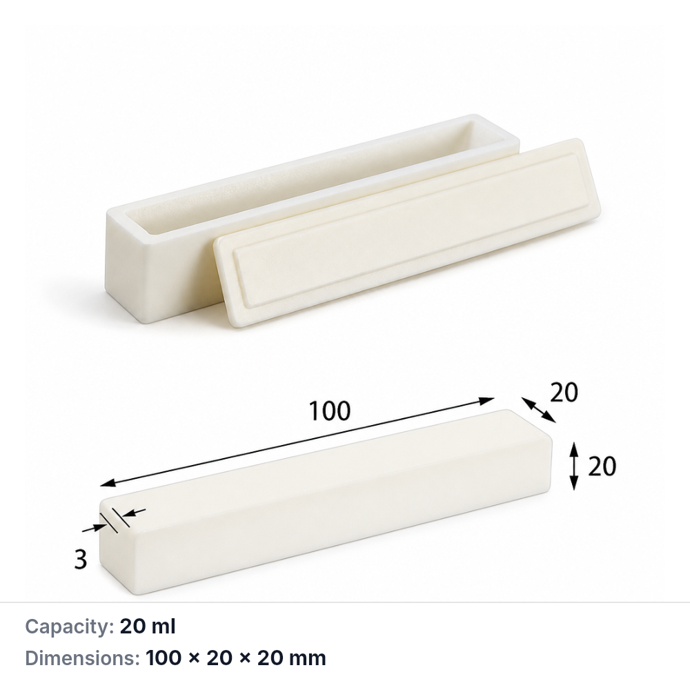 (MQABO022) Rectangular Alumina Boat with Lid, 100 × 20 × 20 mm, 20 mL