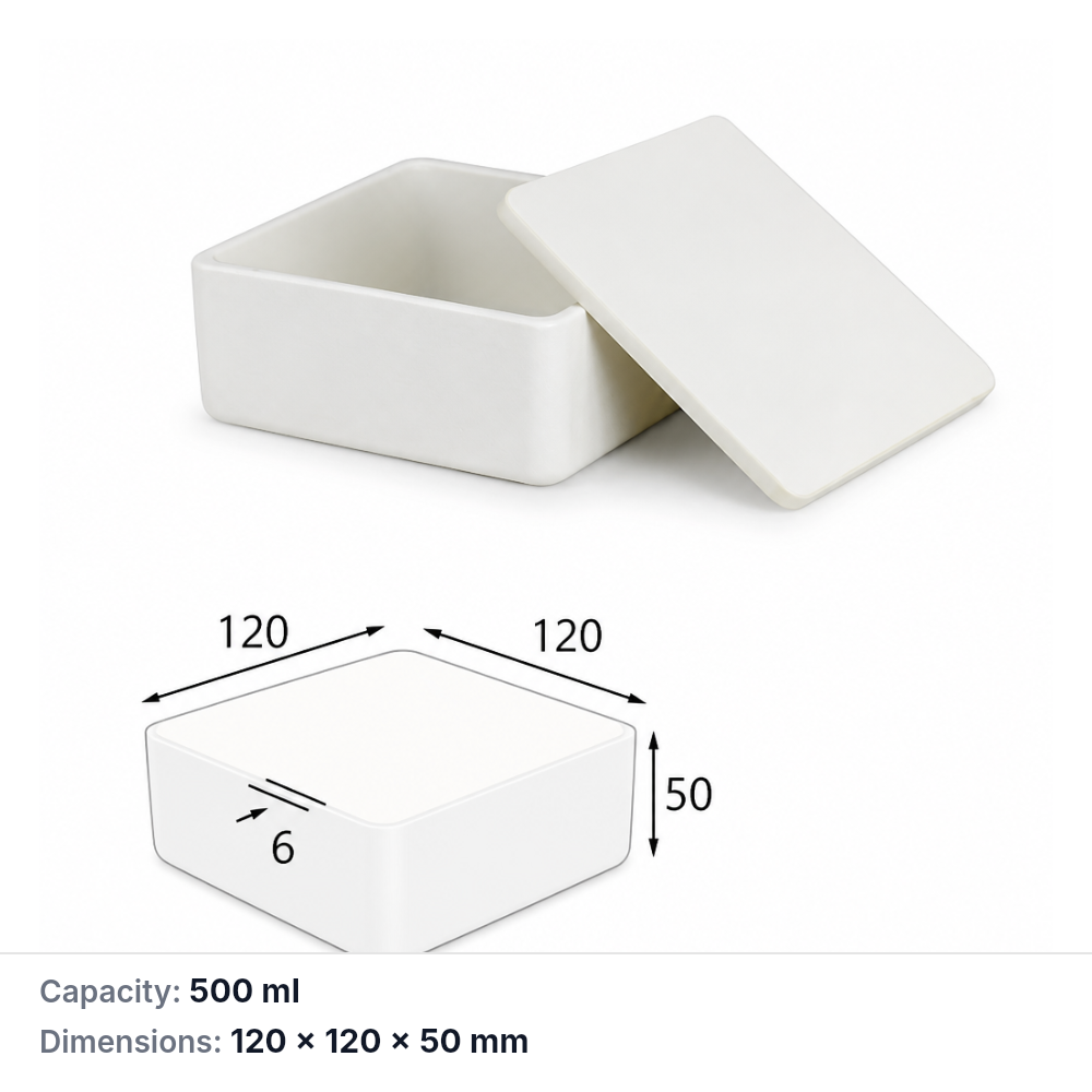 (MQABO027) Square Alumina Boat with Lid, 120 × 120 × 50 mm, 500 mL