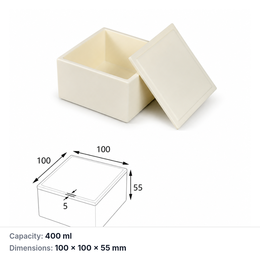 (MQABO028) Square Alumina Boat with Lid, 100 × 100 × 55 mm, 400 mL