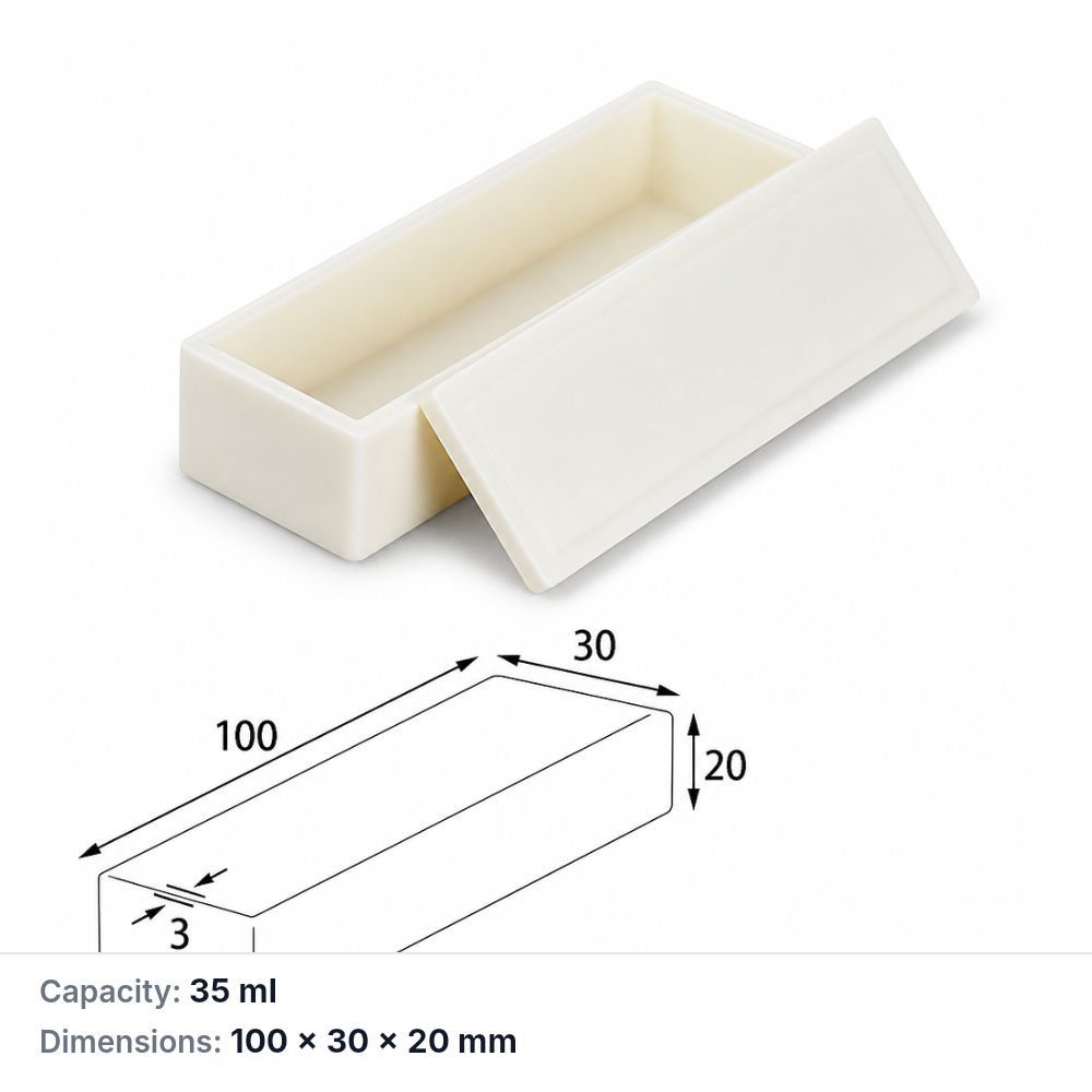 (MQABO029) Rectangular Alumina Boat with Lid, 100 × 30 × 20 mm, 35 mL