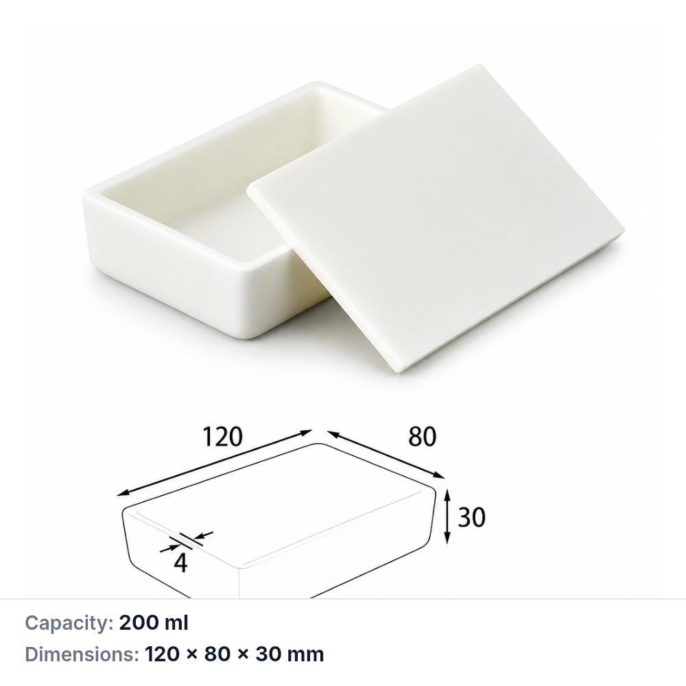 (MQABO036) Rectangular Alumina Boat with Lid, 120 × 80 × 30 mm, 200 mL