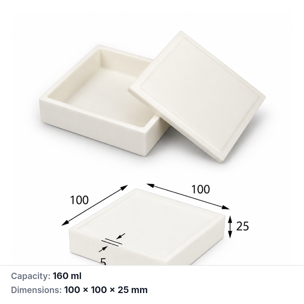 (MQABO038) Square Alumina Boat with Lid, 100 × 100 × 25 mm, 160 mL
