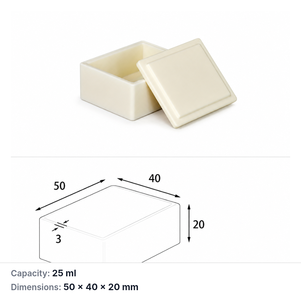 (MQABO039) Rectangular Alumina Boat with Lid, 50 × 40 × 20 mm, 25 mL
