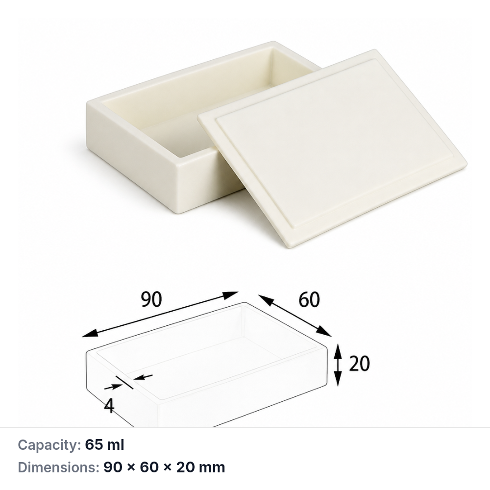 (MQABO040) Rectangular Alumina Boat with Lid, 90 × 60 × 20 mm, 65 mL