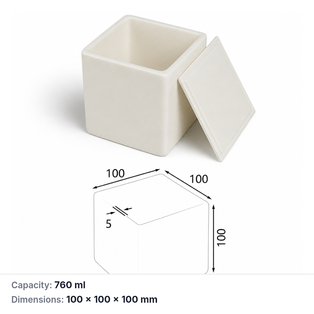 (MQABO041) Square Alumina Boat with Lid, 100 × 100 × 100 mm, 760 mL