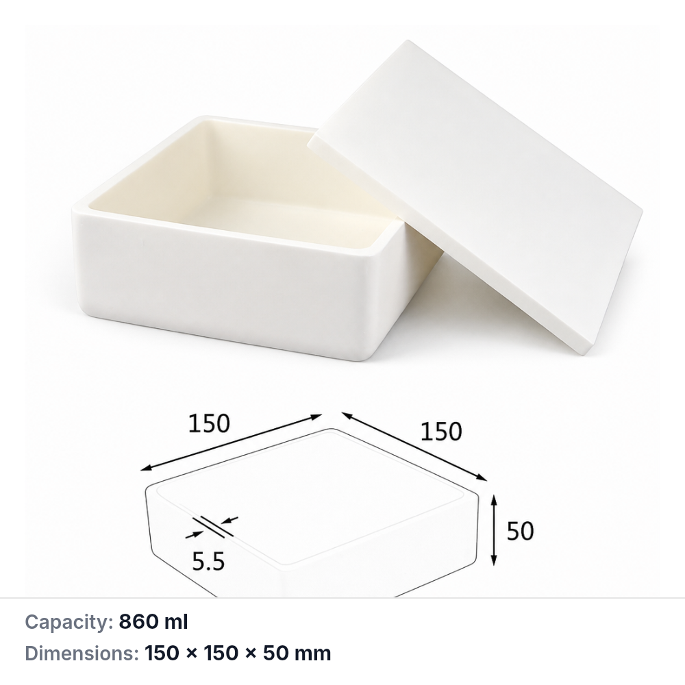 (MQABO042) Square Alumina Boat with Lid, 150 × 150 × 50 mm, 860 mL