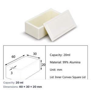 (MQABO044) Rectangular Alumina Boat with Lid, 60 × 30 × 20 mm, 20 mL
