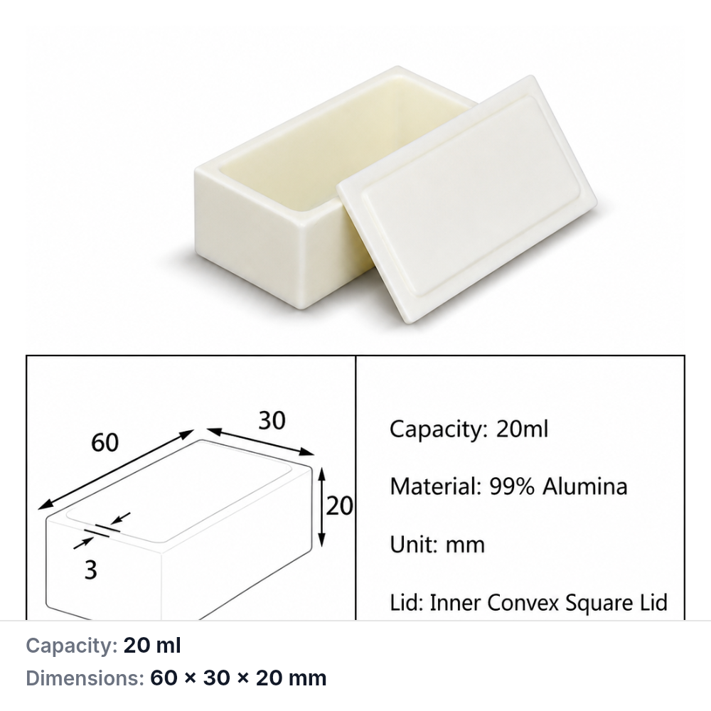 (MQABO044) Rectangular Alumina Boat with Lid, 60 × 30 × 20 mm, 20 mL