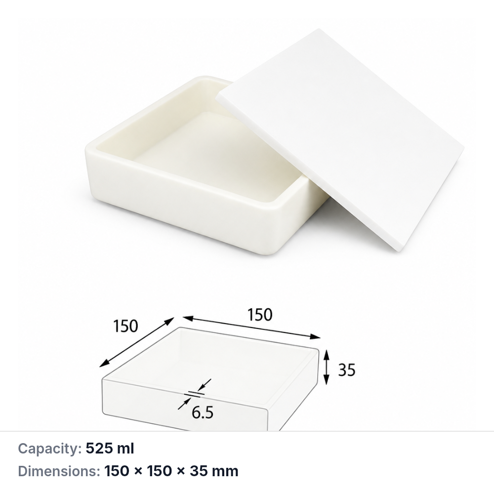 (MQABO047) Square Alumina Boat with Lid, 150 × 150 × 35 mm, 525 mL