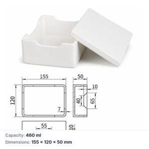 (MQABO049) Rectangular Alumina Boat with Lid, 155 × 120 × 50 mm, 460 mL