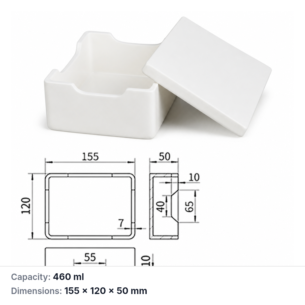 (MQABO049) Rectangular Alumina Boat with Lid, 155 × 120 × 50 mm, 460 mL