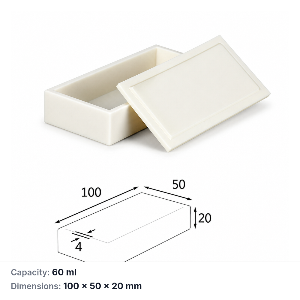 (MQABO051) Rectangular Alumina Boat with Lid, 100 × 50 × 20 mm, 60 mL
