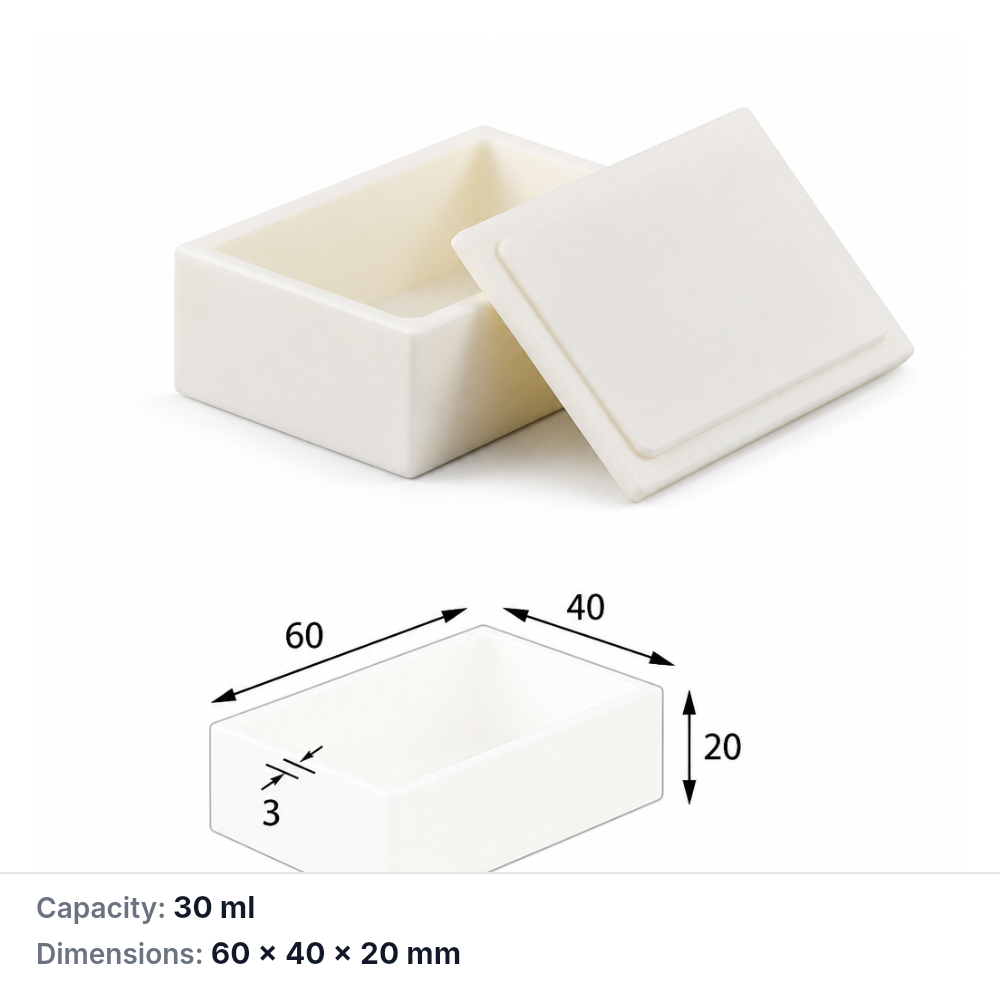 (MQABO052) Rectangular Alumina Boat with Lid, 60 × 40 × 20 mm, 30 mL