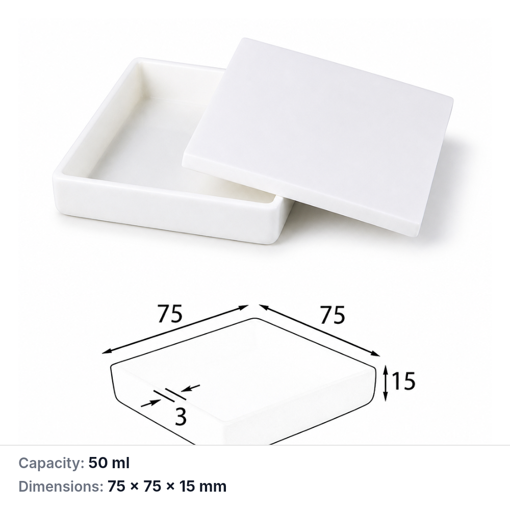 (MQABO053) Square Alumina Boat with Lid, 75 × 75 × 15 mm, 50 mL