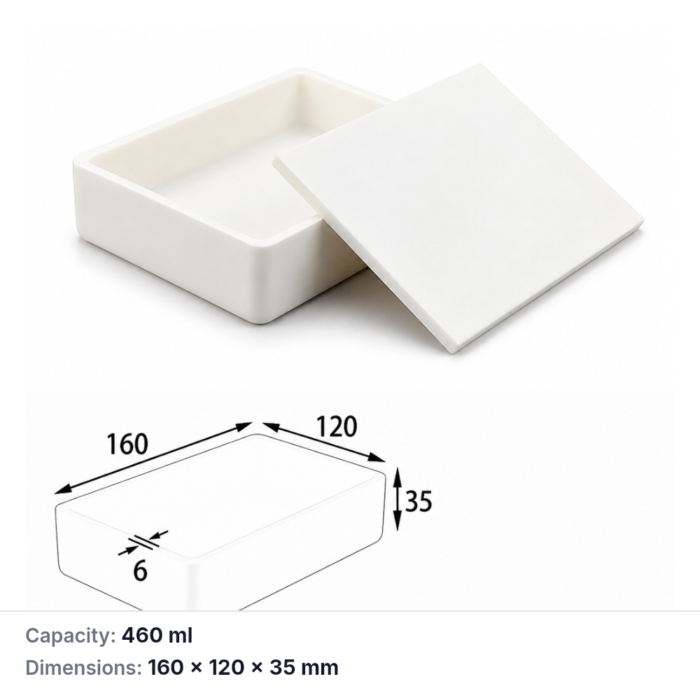 (MQABO054) Rectangular Alumina Boat with Lid, 160 × 120 × 35 mm, 460 mL