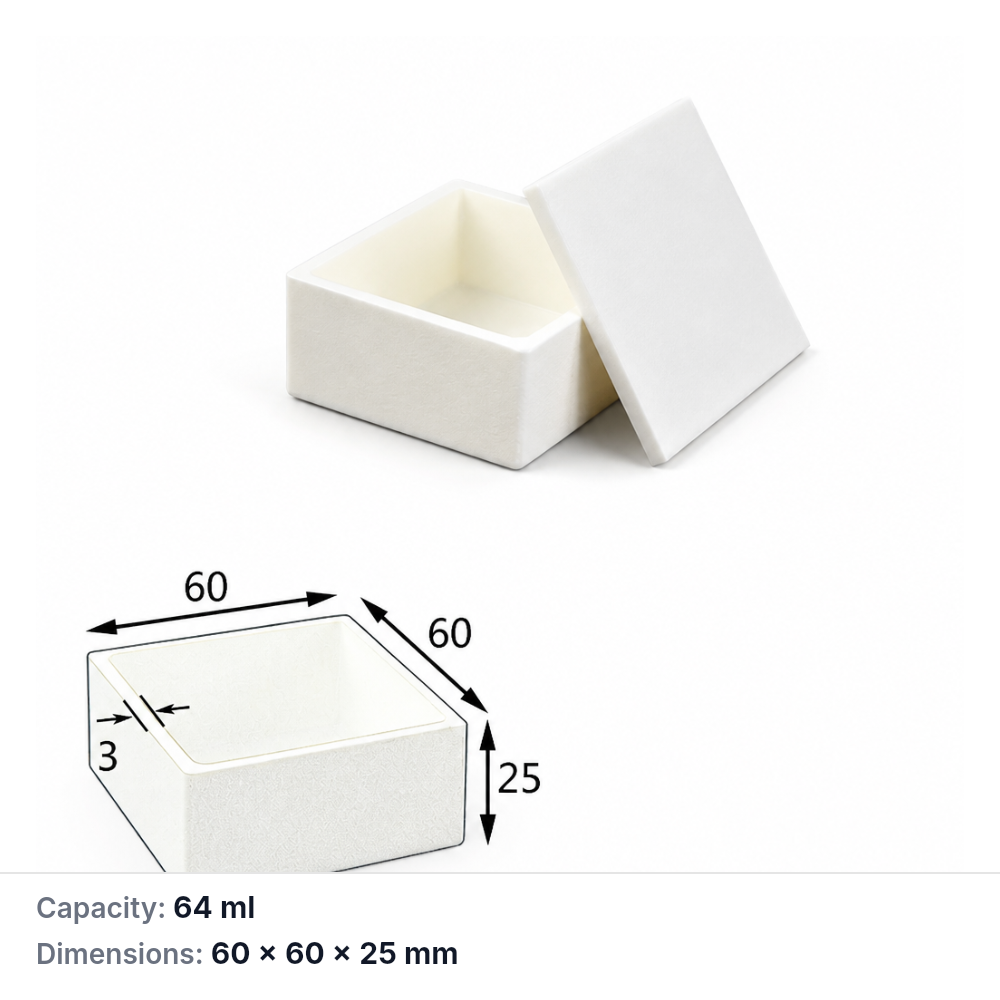 (MQABO055) Square Alumina Boat with Lid, 60 × 60 × 25 mm, 64 mL