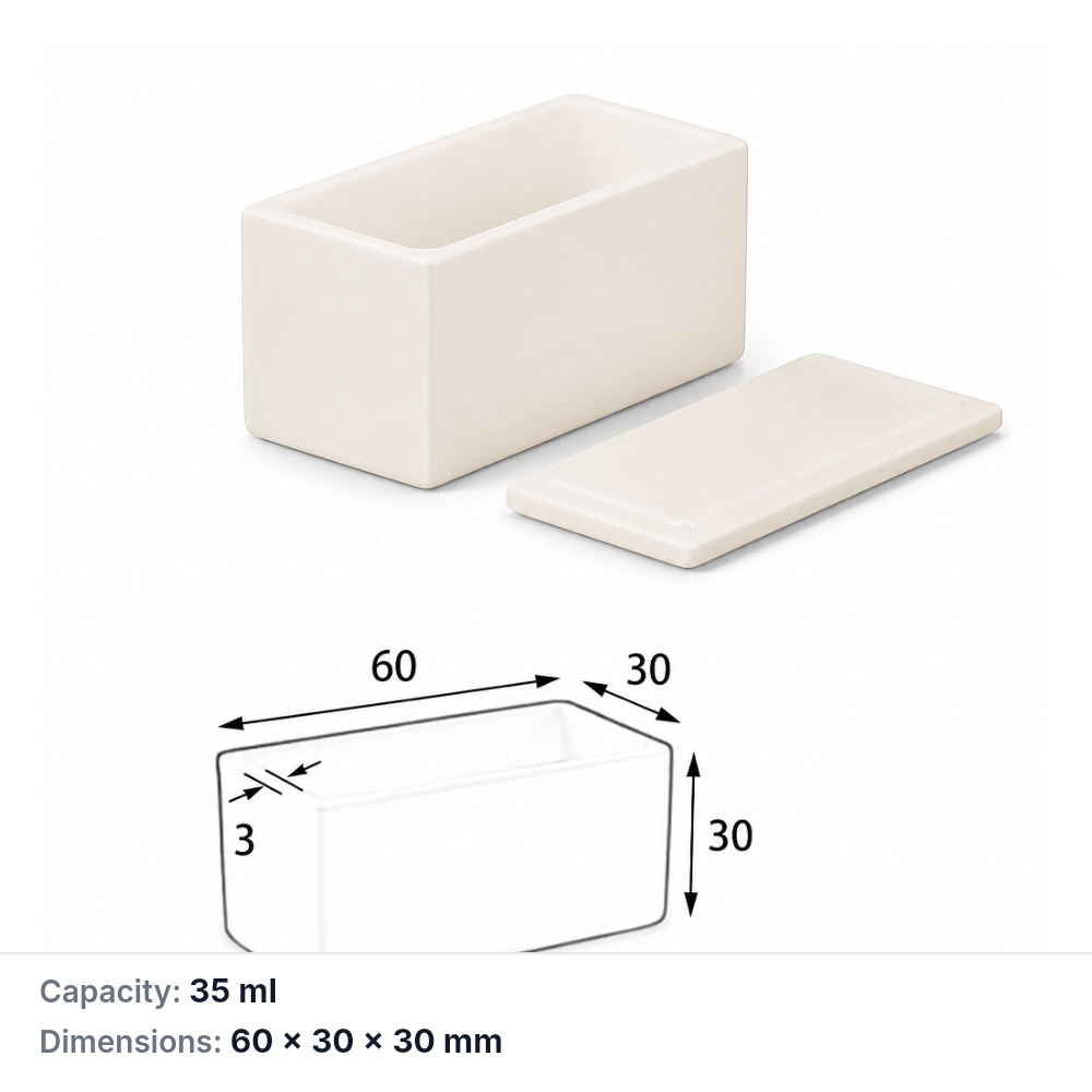 (MQABO056) Rectangular Alumina Boat with Lid, 60 × 30 × 30 mm, 35 mL