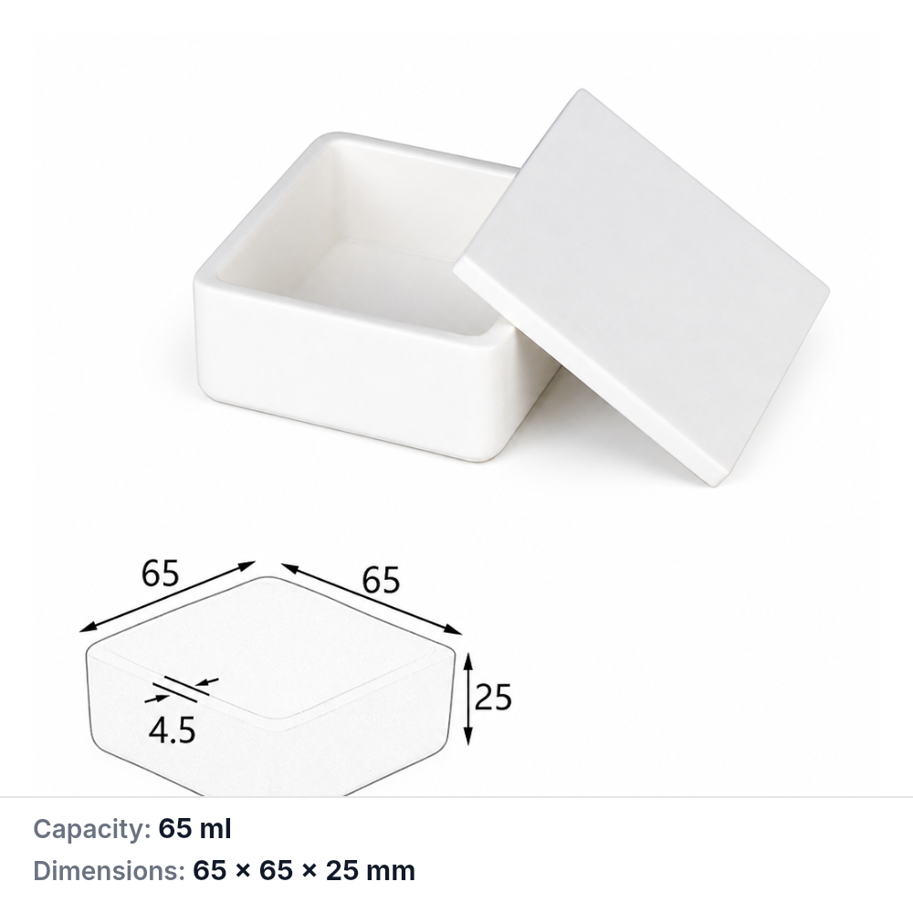 (MQABO058) Square Alumina Boat with Lid, 65 × 65 × 25 mm, 65 mL