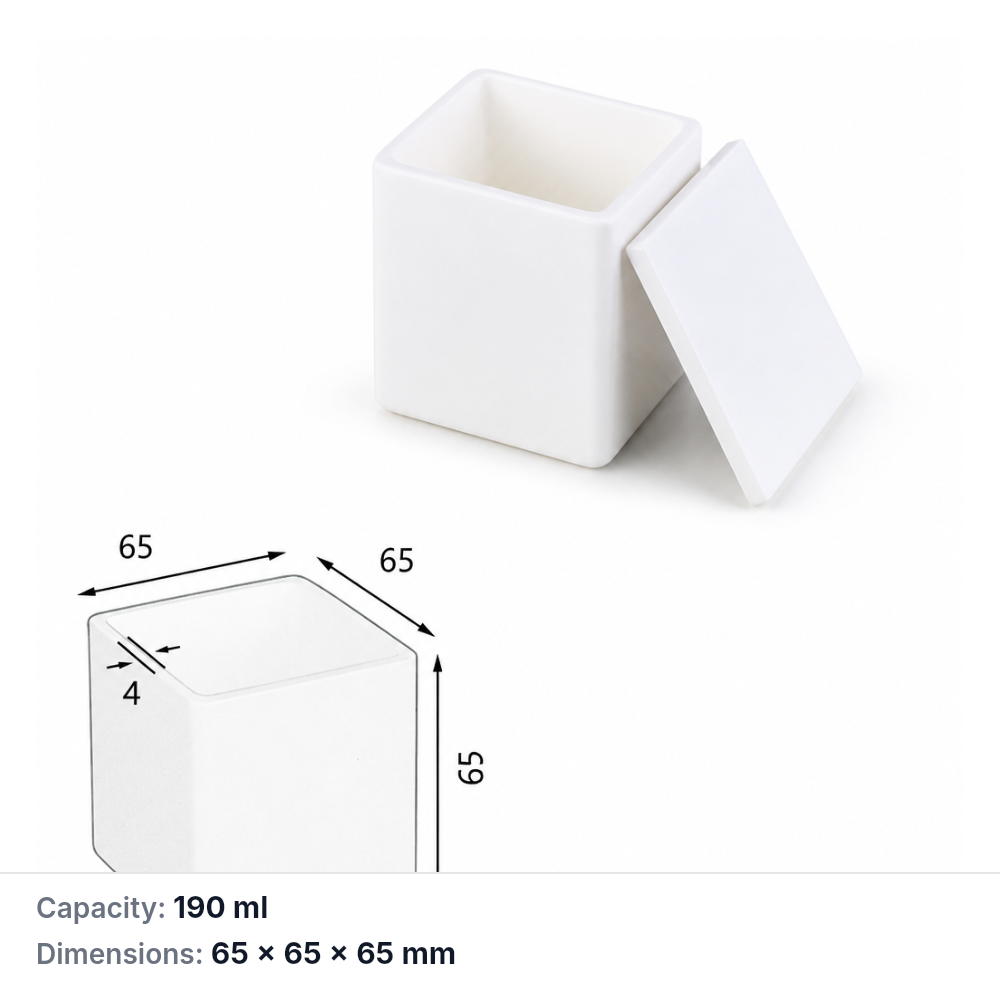 (MQABO060) Square Alumina Boat with Lid, 65 × 65 × 65 mm, 190 mL