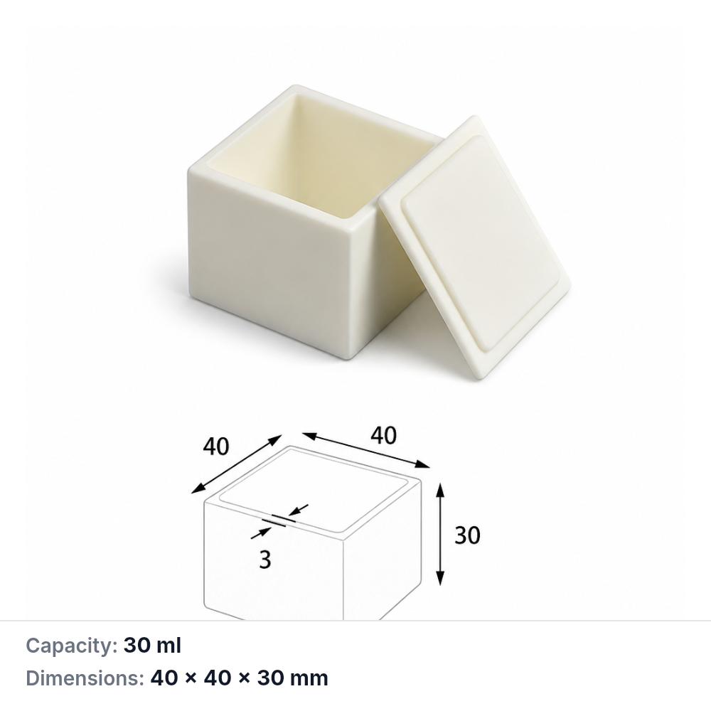 (MQABO065) Square Alumina Boat with Lid, 40 × 40 × 30 mm, 30 mL