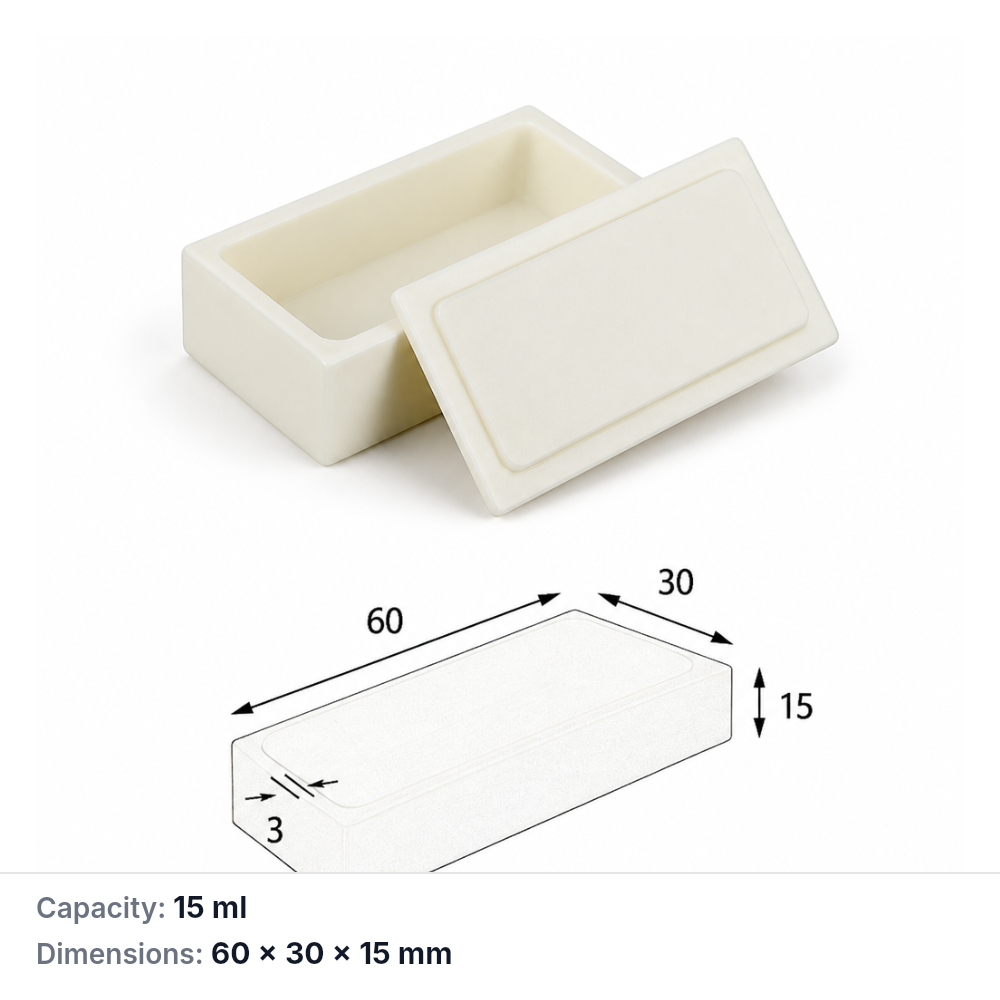 (MQABO066) Rectangular Alumina Boat with Lid, 60 × 30 × 15 mm, 15 mL