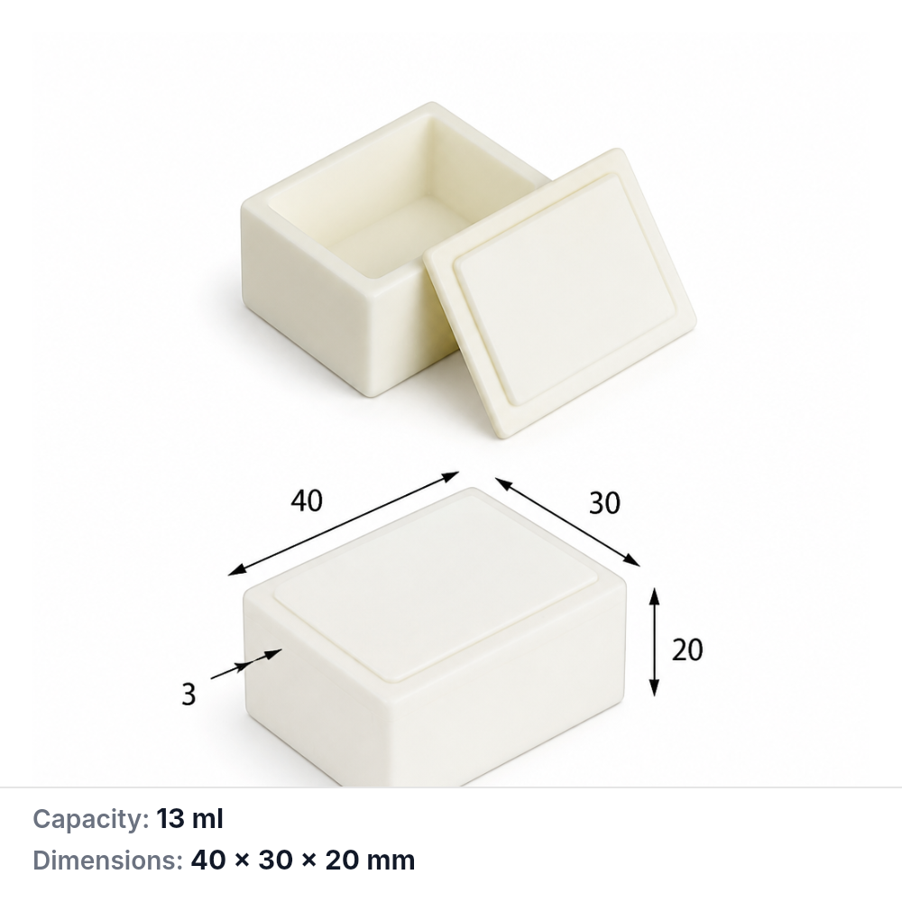 (MQABO067) Rectangular Alumina Boat with Lid, 40 × 30 × 20 mm, 13 mL