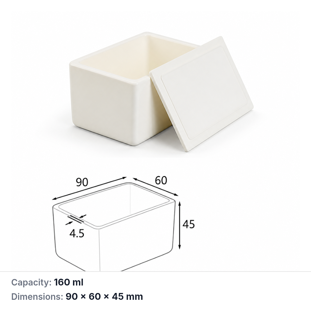 (MQABO070) Rectangular Alumina Boat with Lid, 90 × 60 × 45 mm, 160 mL