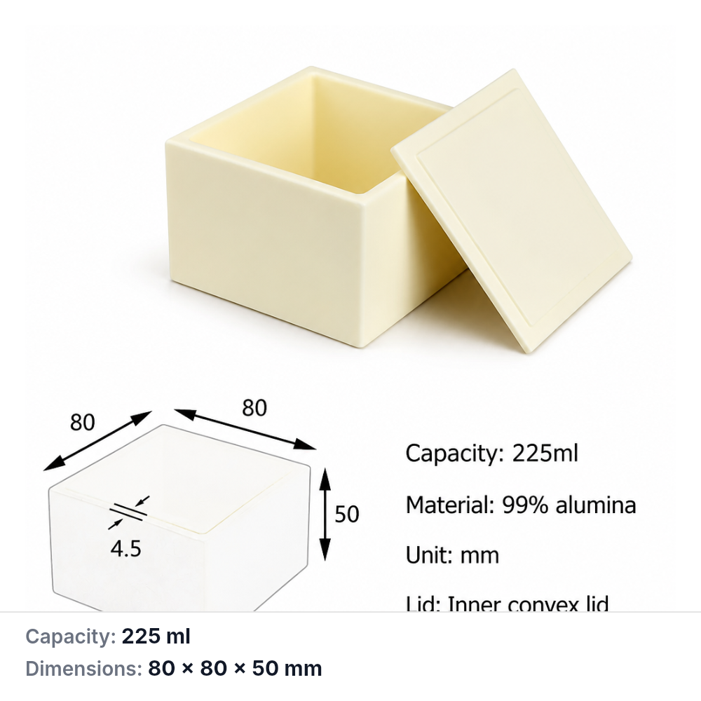 (MQABO075) Square Alumina Boat with Lid, 80 × 80 × 50 mm, 225 mL