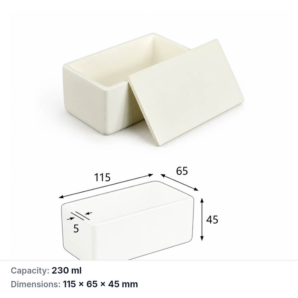 (MQABO076) Rectangular Alumina Boat with Lid, 115 × 65 × 45 mm, 230 mL