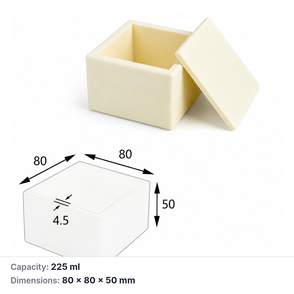 (MQABO077) Square Alumina Boat with Lid, 80 × 80 × 50 mm, 225 mL