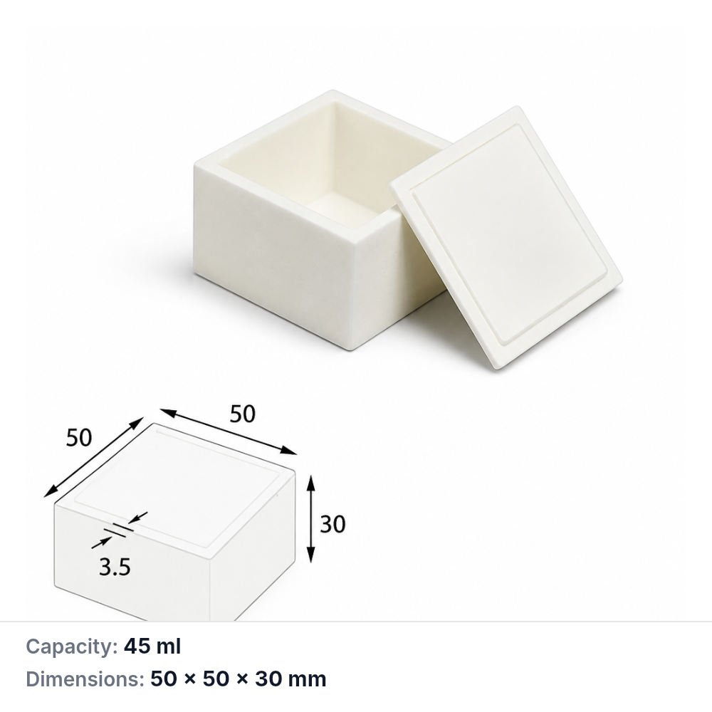 (MQABO084) Square Alumina Boat with Lid, 50 × 50 × 30 mm, 45 mL