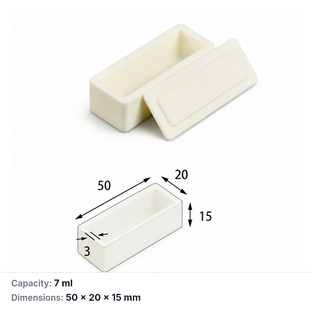 (MQABO090) Rectangular Alumina Boat with Lid, 50 × 20 × 15 mm, 7 mL