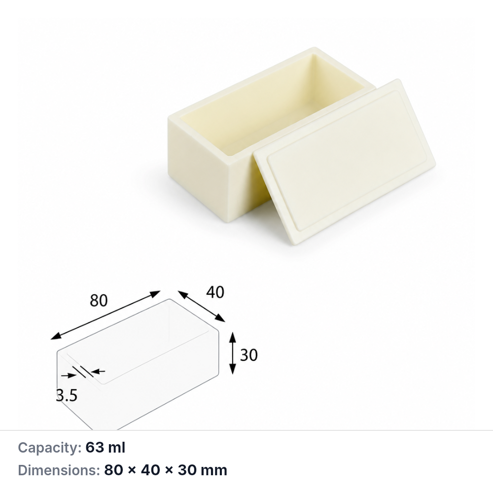 (MQABO091) Rectangular Alumina Boat with Lid, 80 × 40 × 30 mm, 63 mL