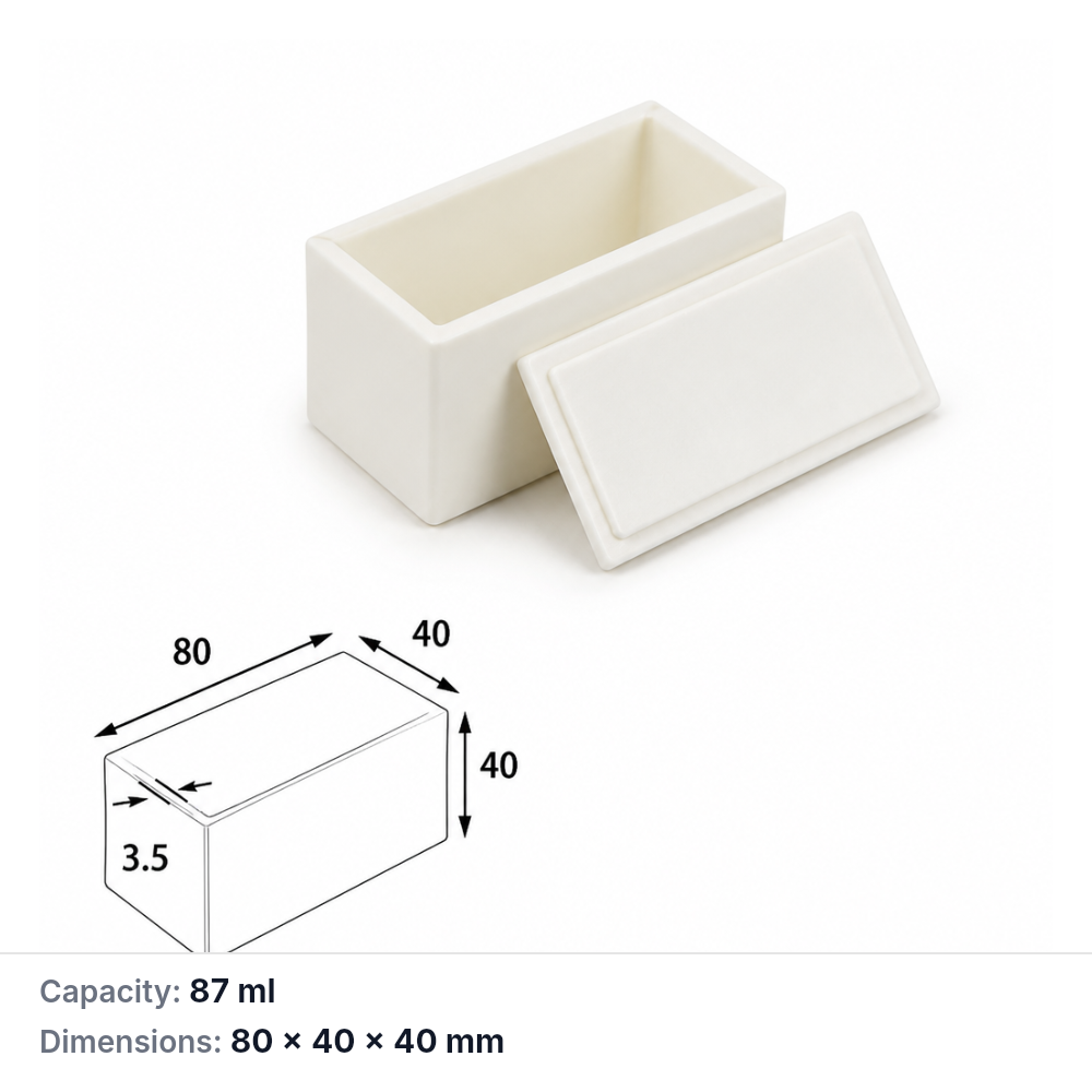 (MQABO092) Rectangular Alumina Boat with Lid, 80 × 40 × 40 mm, 87 mL