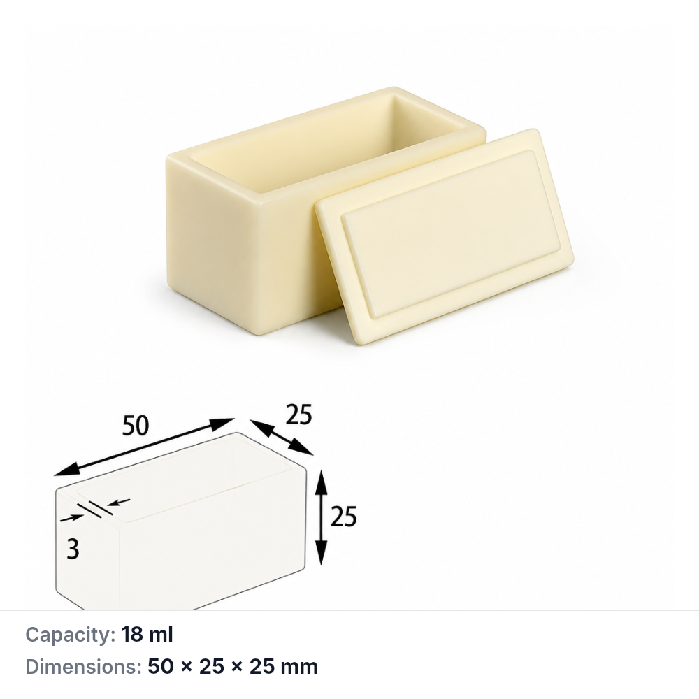 (MQABO096) Rectangular Alumina Boat with Lid, 50 × 25 × 25 mm, 18 mL