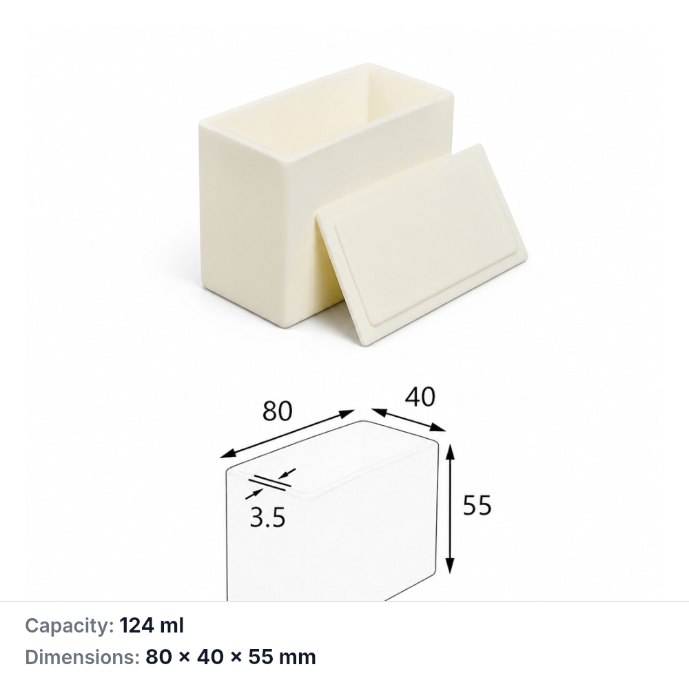 (MQABO097) Rectangular Alumina Boat with Lid, 80 × 40 × 55 mm, 124 mL
