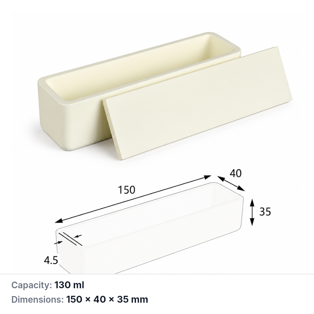 (MQABO131) Rectangular Alumina Boat with Lid, 150 × 40 × 35 mm, 130 mL