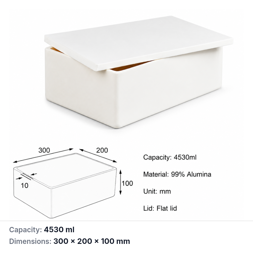 (MQABO137) Rectangular Alumina Boat with Lid, 300 × 200 × 100 mm, 4530 mL