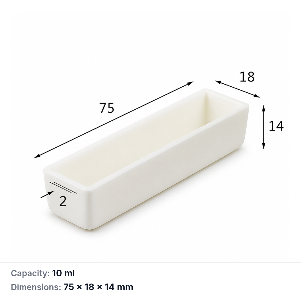 (MQABO141) Rectangular Alumina Boat, 75 × 18 × 14 mm, 10 mL