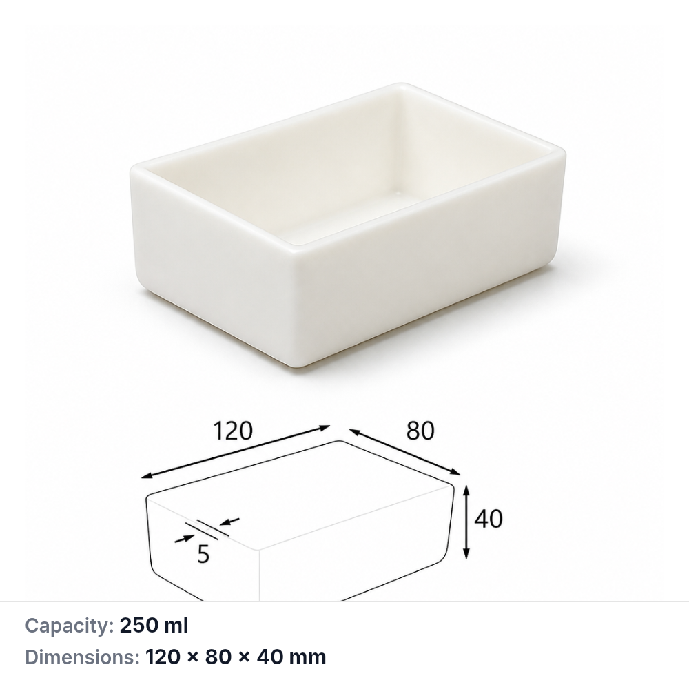 (MQABO142) Rectangular Alumina Boat, 120 × 80 × 40 mm, 250 mL